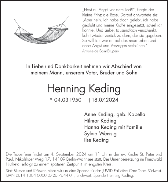 Traueranzeige von Henning Keding von Berliner Zeitung