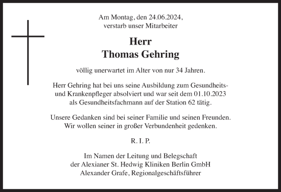 Traueranzeige von Thomas Gehring von Berliner Zeitung