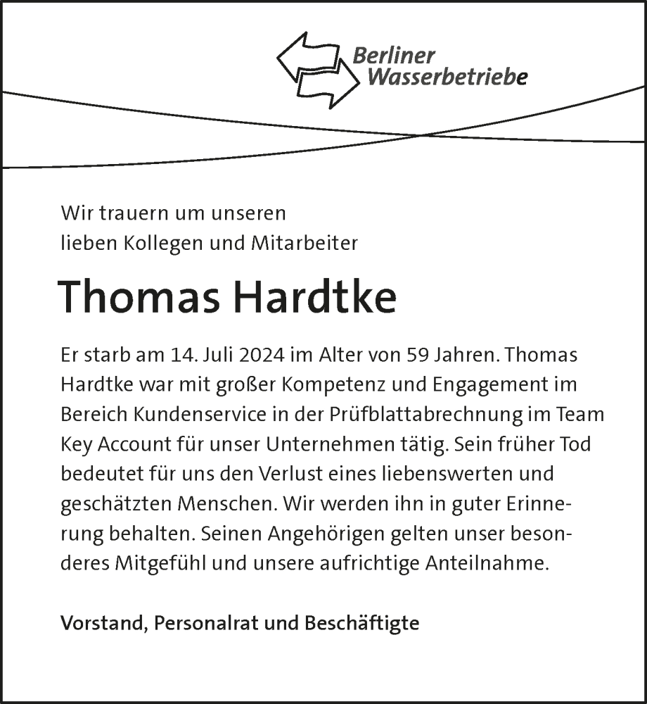  Traueranzeige für Thomas Hardtke vom 20.07.2024 aus Berliner Zeitung