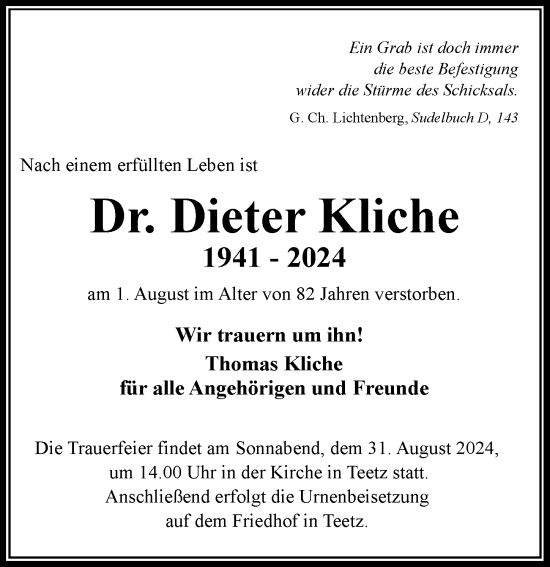 Traueranzeige von Dieter Kliche von Berliner Zeitung