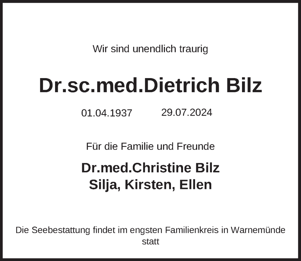 Traueranzeige für Dietrich Bilz vom 24.08.2024 aus Berliner Zeitung