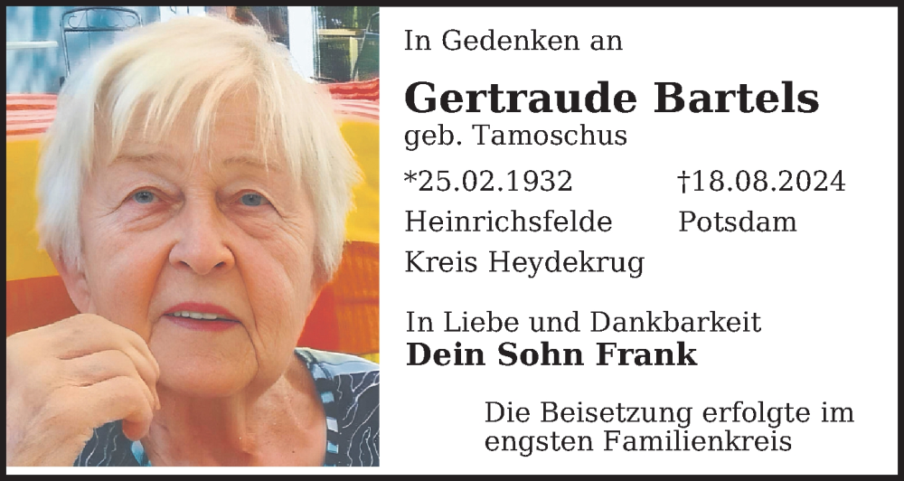  Traueranzeige für Gertraude Bartels vom 21.09.2024 aus Berliner Zeitung