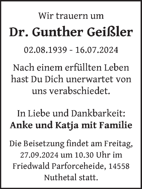 Traueranzeige von Gunther Geißler von Berliner Zeitung