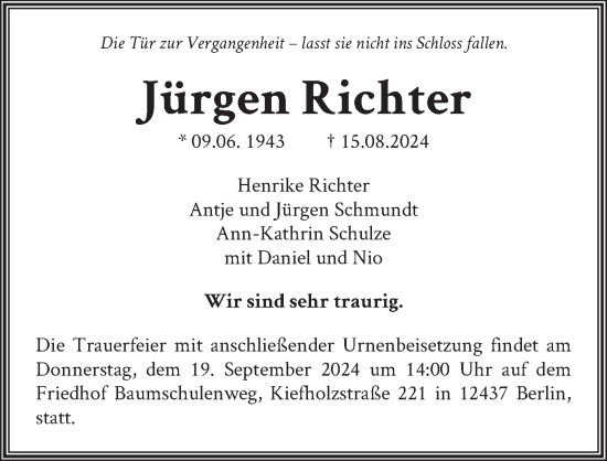 Traueranzeige von Jürgen Richter von Berliner Zeitung