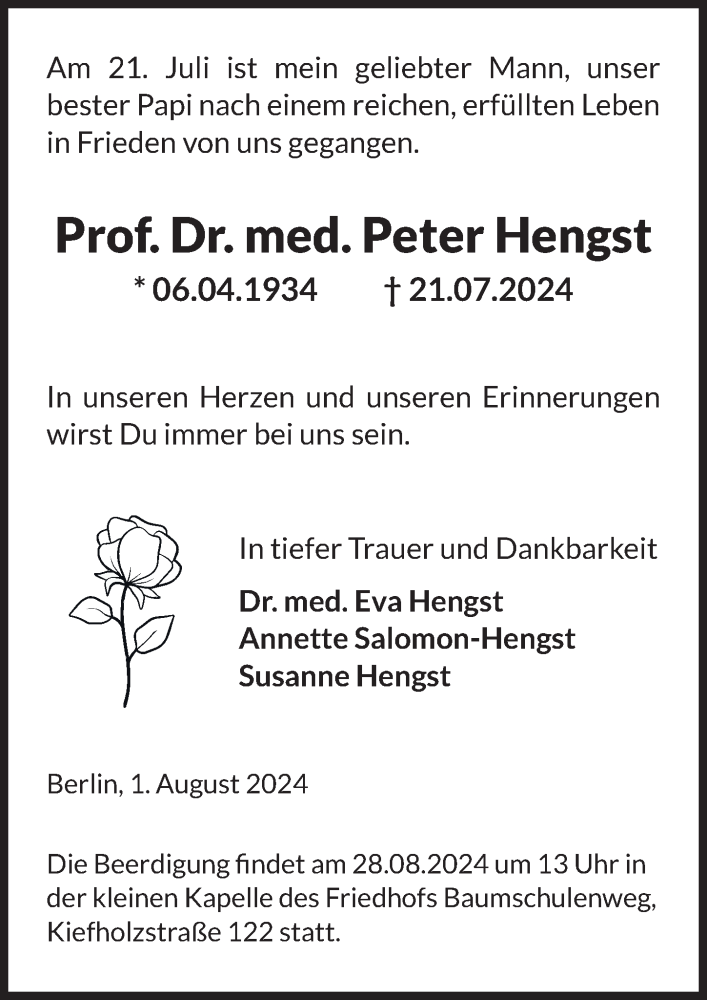  Traueranzeige für Peter Hengst vom 10.08.2024 aus Berliner Zeitung