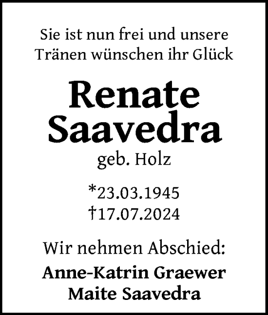 Traueranzeige von Renate Saavedra von Berliner Zeitung