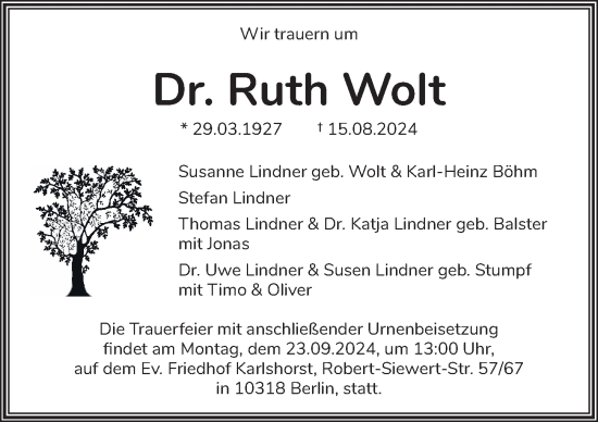 Traueranzeige von Ruth Wolt von Berliner Zeitung