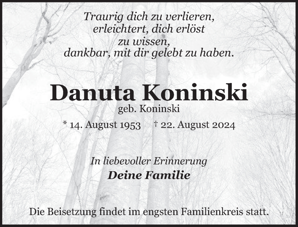  Traueranzeige für Danuta Koninski vom 28.09.2024 aus Berliner Zeitung