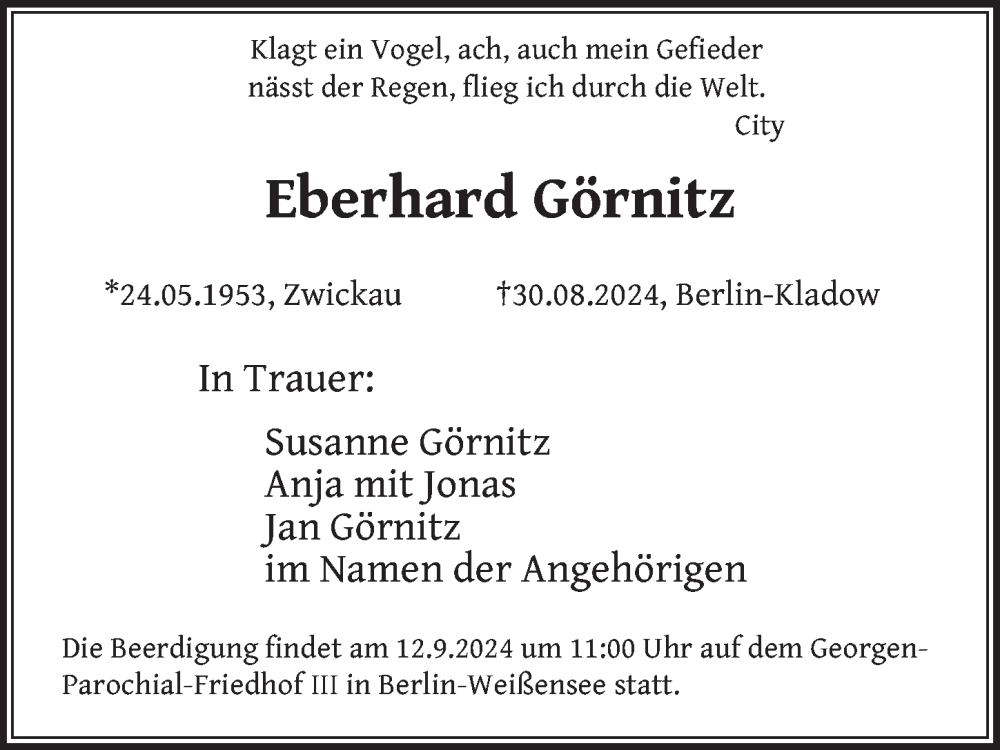  Traueranzeige für Eberhard Görnitz vom 06.09.2024 aus Berliner Zeitung