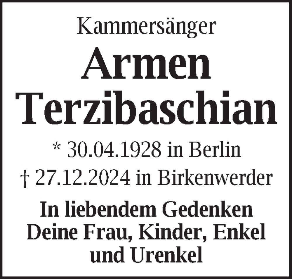  Traueranzeige für Armen Terzibaschian vom 04.01.2025 aus Berliner Zeitung