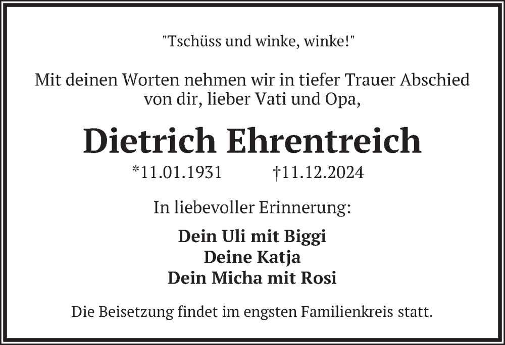  Traueranzeige für Dietrich Ehrentreich vom 11.01.2025 aus Berliner Zeitung