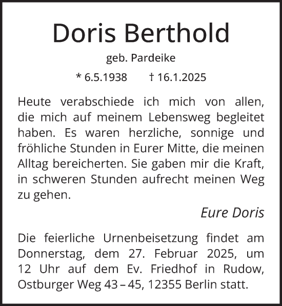 Traueranzeige von Doris Berthold von Berliner Zeitung
