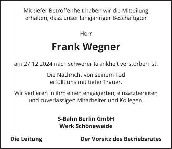 Traueranzeige von Frank Wegner von Berliner Kurier