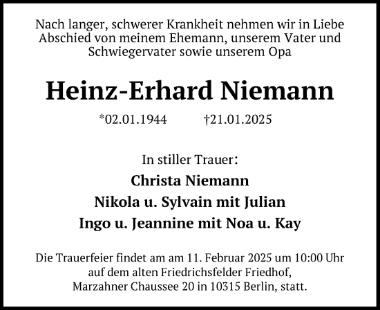 Traueranzeige von Heinz-Erhard Niemann von Berliner Zeitung