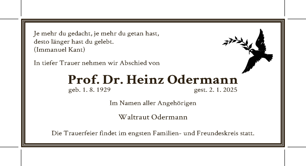  Traueranzeige für Heinz Odermann vom 18.01.2025 aus Berliner Zeitung