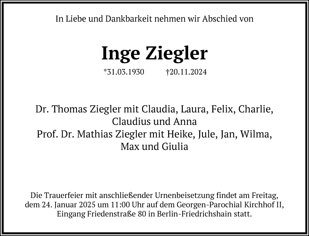  Traueranzeige für Inge Ziegler vom 06.01.2025 aus Berliner Zeitung