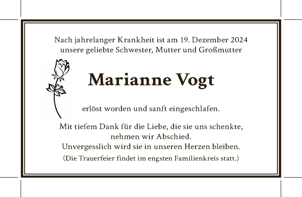  Traueranzeige für Marianne Vogt vom 14.01.2025 aus Berliner Zeitung
