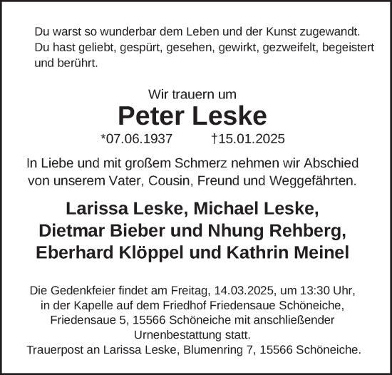 Traueranzeige von Peter Leske von Berliner Zeitung