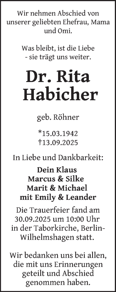  Traueranzeige für Rita Habicher vom 23.10.2025 aus Berliner Zeitung