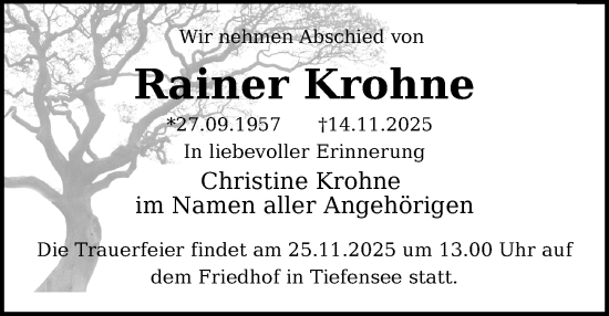 Traueranzeige von Rainer Krohne von Berliner Zeitung