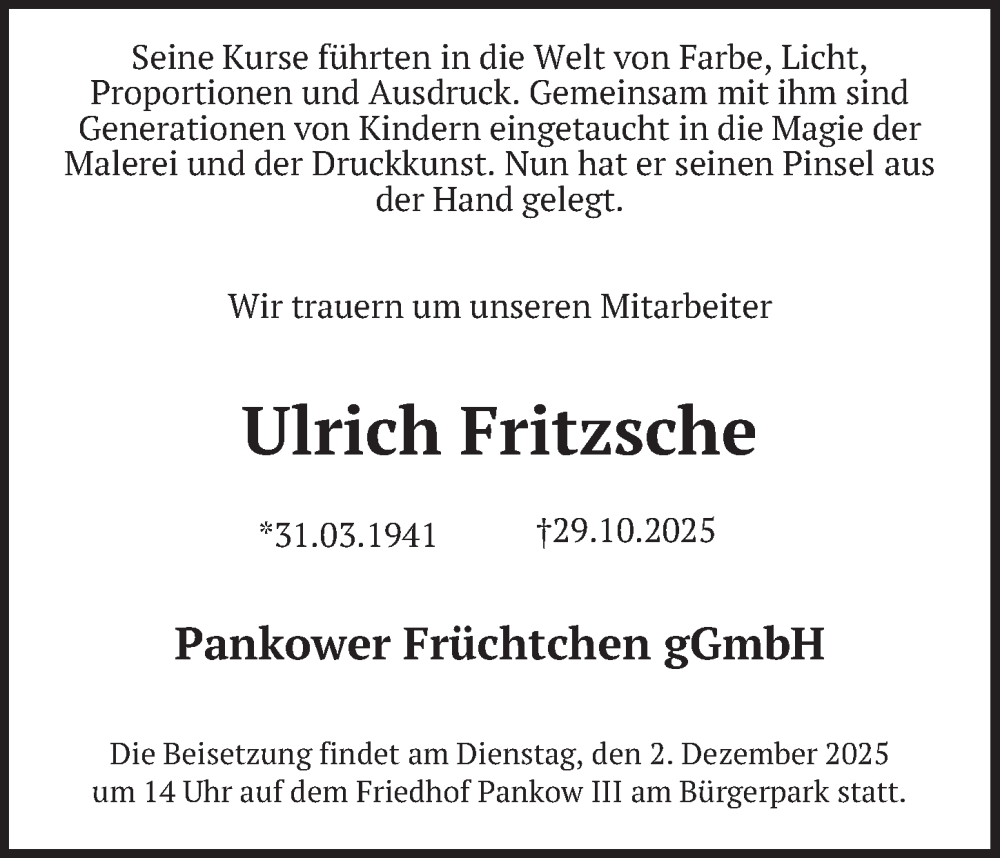  Traueranzeige für Ulrich Fritzsche vom 22.11.2025 aus Berliner Zeitung