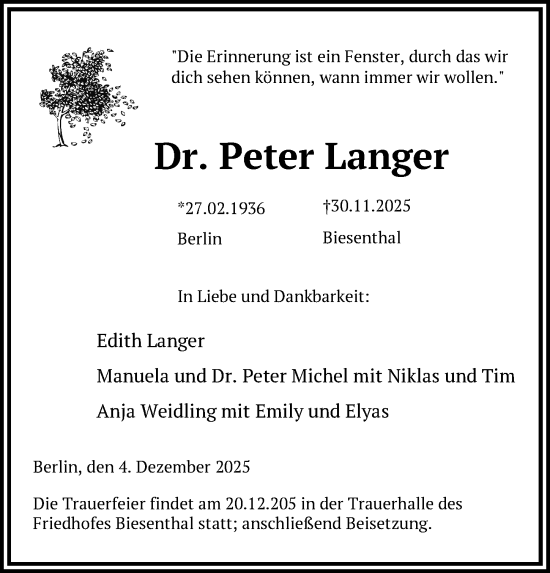 Traueranzeige von Peter Langer von Berliner Zeitung