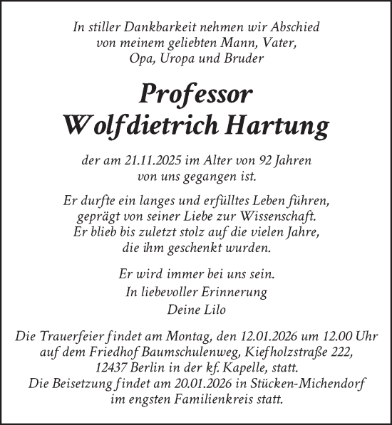 Traueranzeige von Wolfdietrich Hartung von Berliner Zeitung