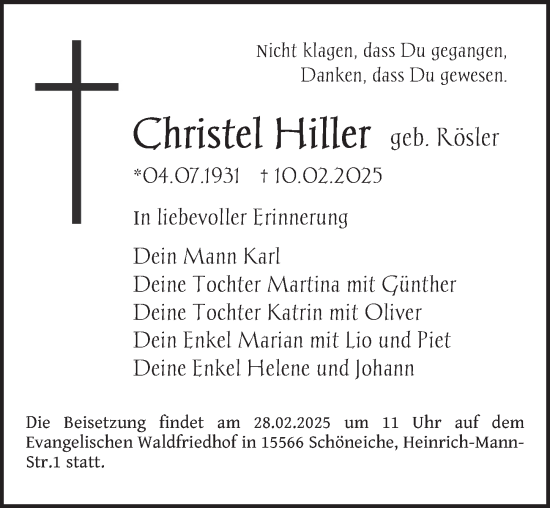 Traueranzeige von Christel Hiller von Berliner Zeitung