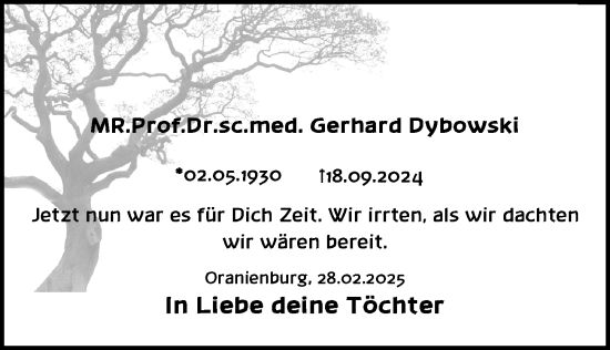 Traueranzeige von Gerhard Dybowski von Berliner Zeitung
