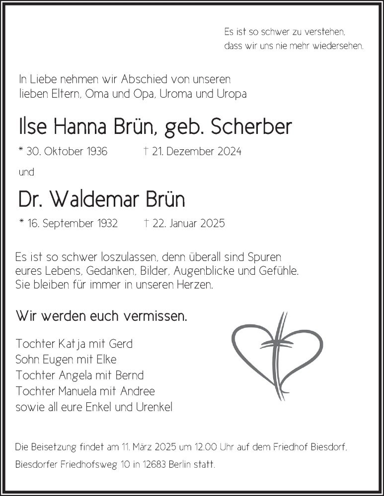  Traueranzeige für Ilse  und Waldemar Brün vom 15.02.2025 aus Berliner Zeitung