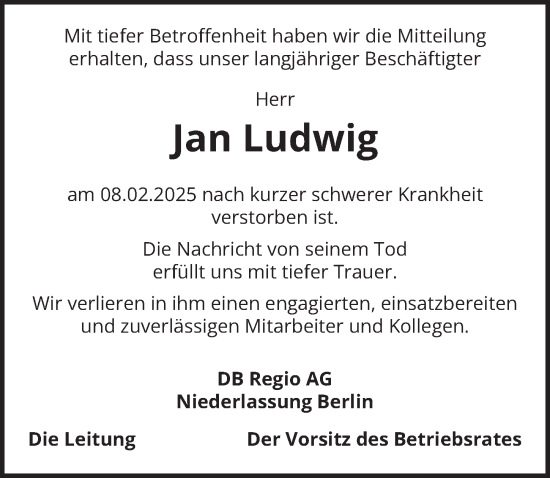 Traueranzeige von Jan Ludwig von Berliner Zeitung