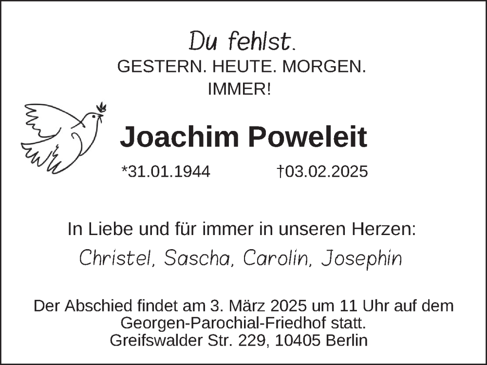  Traueranzeige für Joachim Poweleit vom 08.02.2025 aus Berliner Zeitung