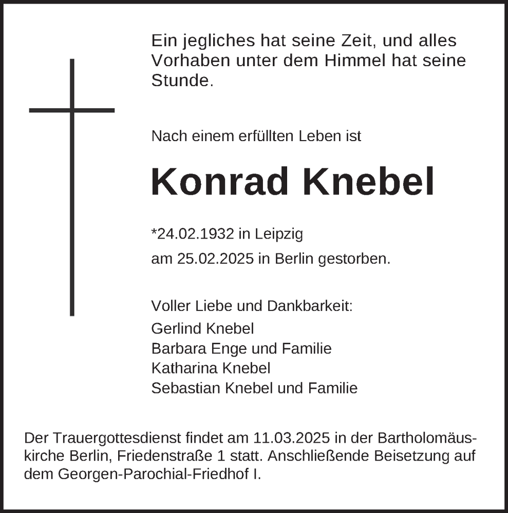  Traueranzeige für Konrad Knebel vom 03.03.2025 aus Berliner Zeitung