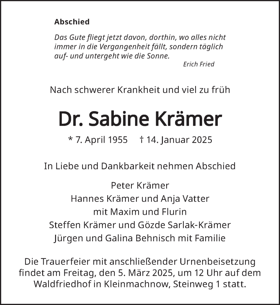  Traueranzeige für Sabine Krämer vom 08.02.2025 aus Berliner Zeitung