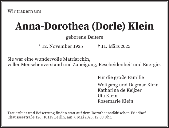 Traueranzeige von Anna-Dorothea Klein von Berliner Zeitung