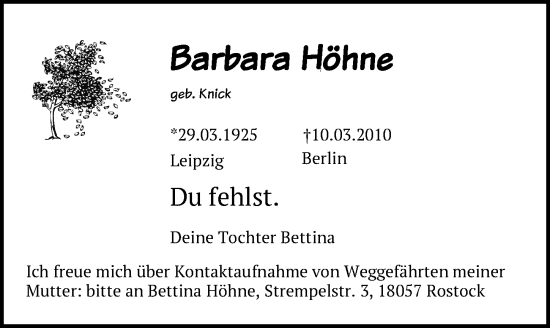 Traueranzeige von Barbara Höhne von Berliner Zeitung