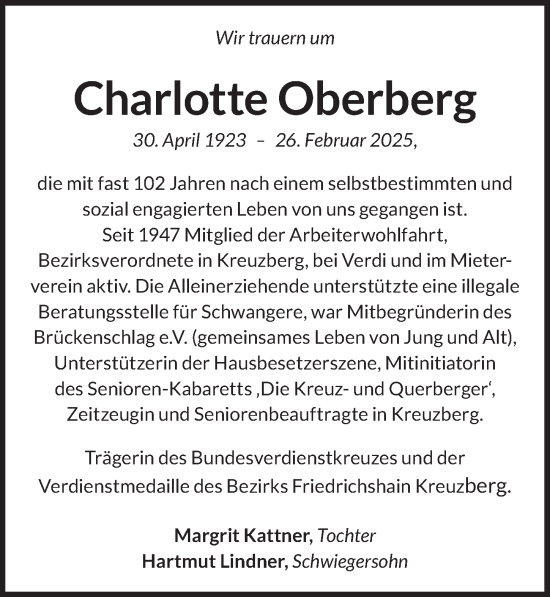 Traueranzeige von Charlotte Oberberg von Berliner Zeitung