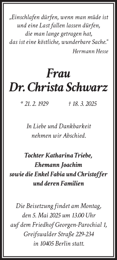 Traueranzeige von Christa Schwarz von Berliner Zeitung