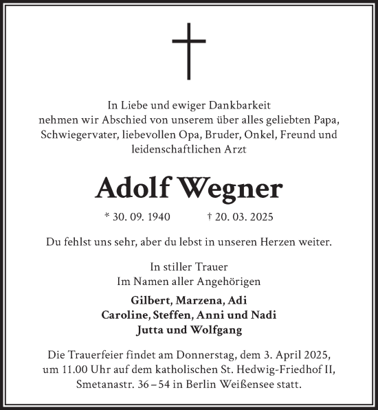 Traueranzeige von Adolf Wegner von Berliner Zeitung