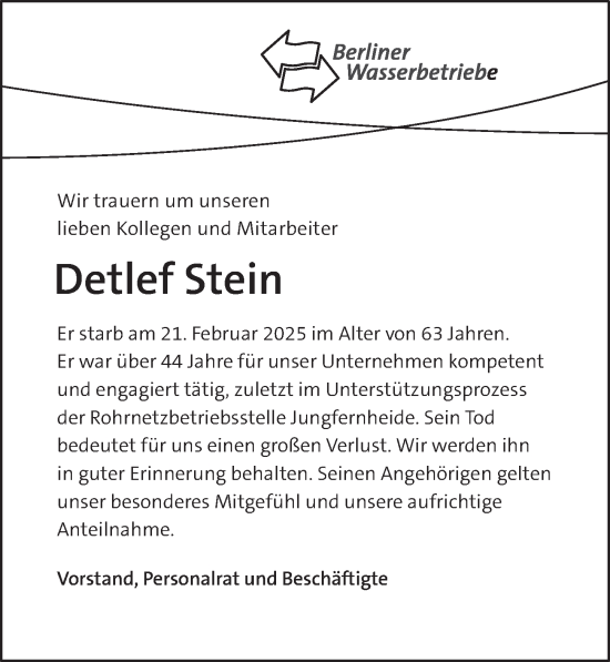 Traueranzeige von Detlef Stein von Berliner Zeitung