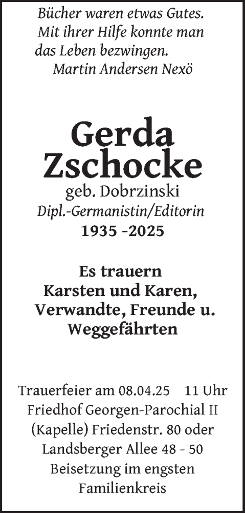 Traueranzeige von Gerda Zschocke von Berliner Zeitung