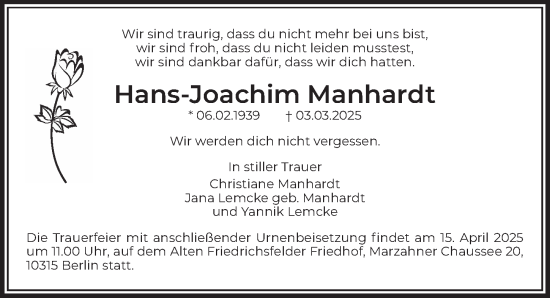 Traueranzeige von Hans-Joachim Manhardt von Berliner Zeitung
