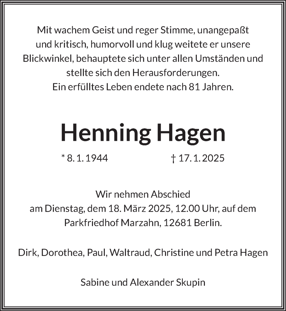  Traueranzeige für Henning Hagen vom 01.03.2025 aus Berliner Zeitung