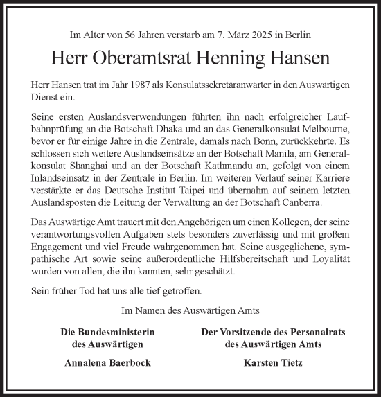 Traueranzeige von Henning Hansen von Berliner Zeitung