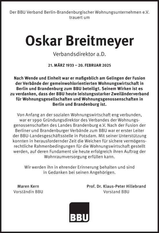 Traueranzeige von Oskar Breitmeyer von Berliner Zeitung