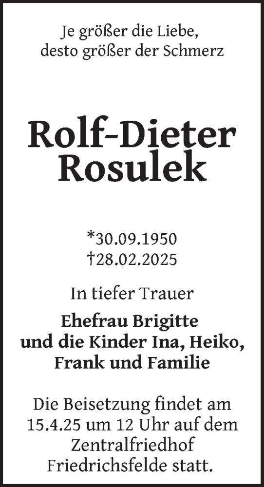 Traueranzeige von Rolf-Dieter Rosulek von Berliner Zeitung