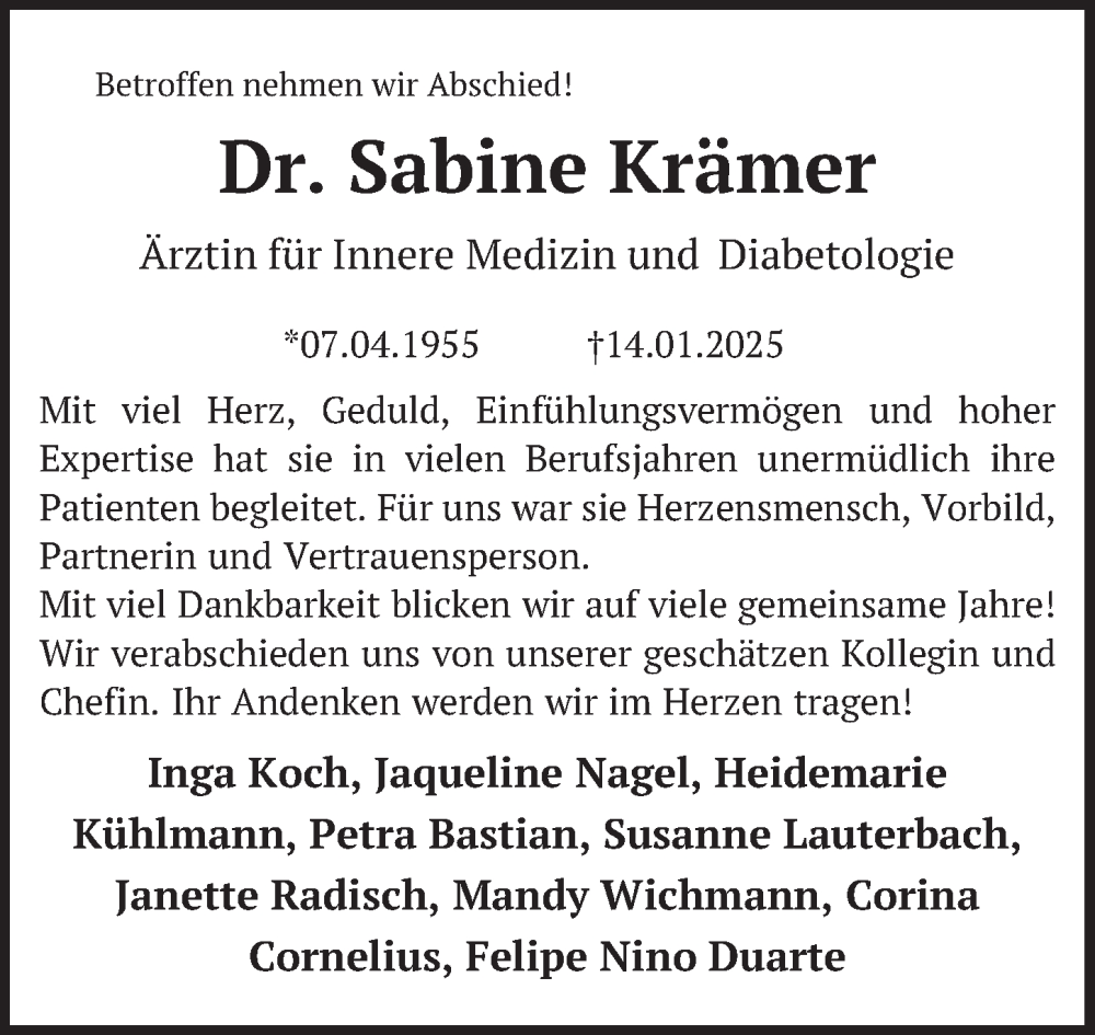  Traueranzeige für Sabine Krämer vom 22.03.2025 aus Berliner Zeitung
