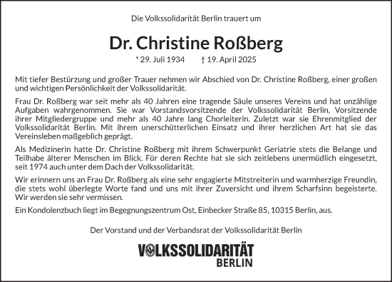 Traueranzeige von Christine Roßberg von Berliner Zeitung