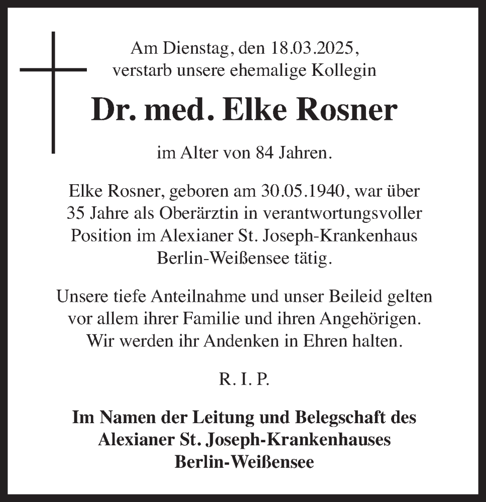  Traueranzeige für Elke Rosner vom 14.04.2025 aus Berliner Zeitung