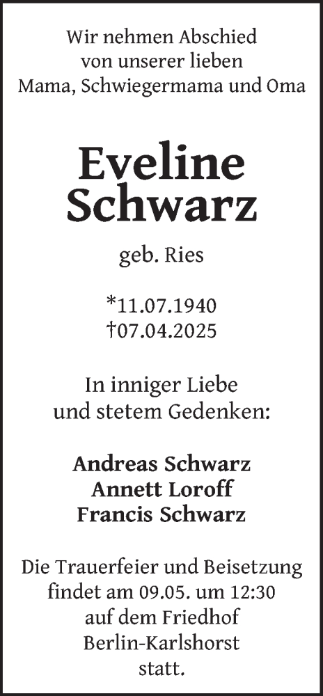  Traueranzeige für Eveline Schwarz vom 26.04.2025 aus Berliner Zeitung